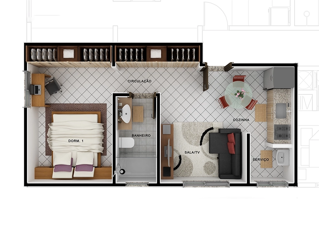 Imagem da planta do atacama, contém: 1 Dormitório, 1 Banheiro, 1 Sala, 1 Cozinha e 1 Sala de Serviço