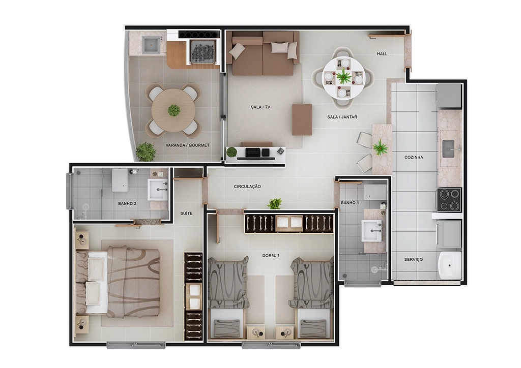 Imagem da planta do Cartagena Planta 2, contém: Varanda/Gourmet, 2 Banheiro, 1 Cozinha, 1 Área de Serviço, 1 Suíte, 1 Dormitório, Sala/TV, Sala/Jantar