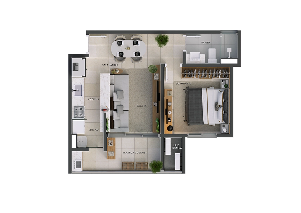 A planta do Edíficio Colina apresenta: Dormitório, Banheiro, Sala/TV, Sala Jantar, Varanda Gourmet, Serviço e Cozinha