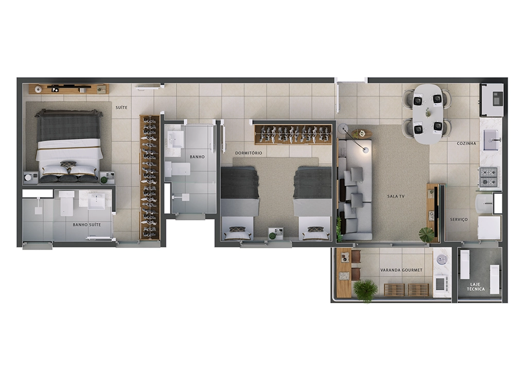 A planta do Edíficio Colina apresenta: Dormitório, Banheiro, Sala/TV, Sala Jantar, Varanda Gourmet, Serviço, Cozinha, Laje Técnica e Suíte