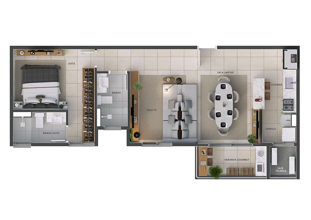 A planta do Edíficio Colina apresenta: Dormitório, Banheiro, Sala/TV, Sala Jantar, Varanda Gourmet, Serviço, Cozinha, Laje Técnica e Suíte