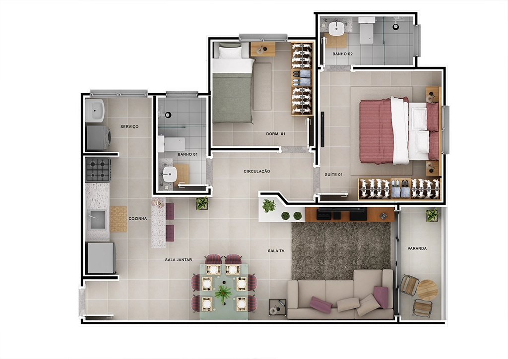 Planta do Edifício Dakota: 2 Banheiro, Suíte, Dormitório, Sala/TV, Sala Jantar, Varanda, Cozinha e Serviço