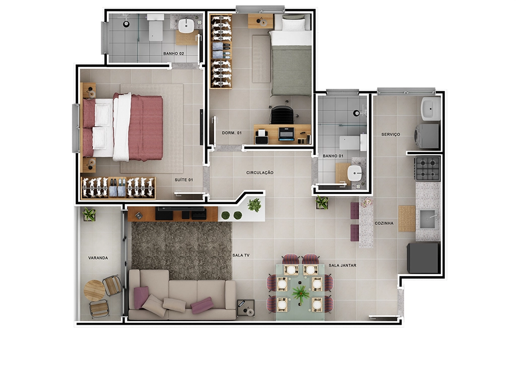 Planta do Edifício Dakota: 2 Banheiro, Suíte, Dormitório, Sala/TV, Sala Jantar, Varanda, Cozinha e Serviço
