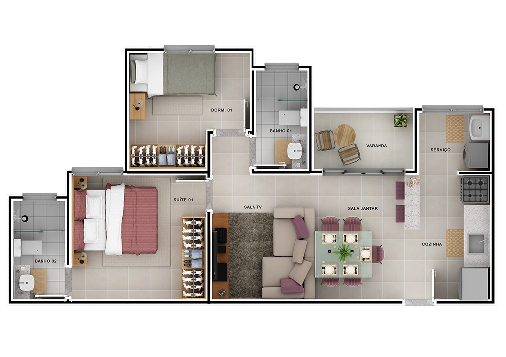 Planta do Edifício Dakota: 2 Banheiro, Suíte, Dormitório, Sala/TV, Sala Jantar, Varanda, Cozinha e Serviço