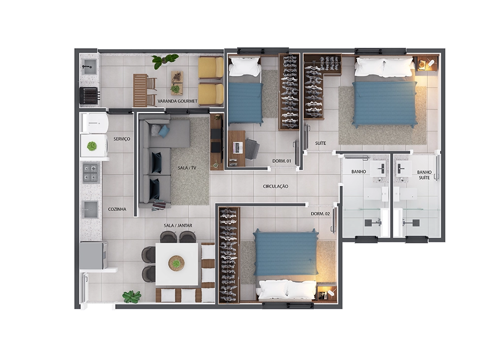 Planta Irineu Massari: Cozinha, Serviço, Varanda Gourmet, Sala TV, Sala Jantar, Dormitórios, Suíte e Banheiros