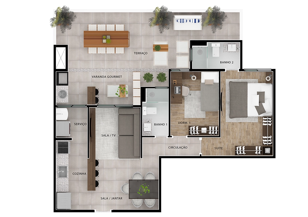 Planta Jairo Bianco: Serviço, Cozinha, Sala/TV, Sala Jantar, Circulação, Banhos, Varanda Gourmet, Terraço, Dormitório e Suíte