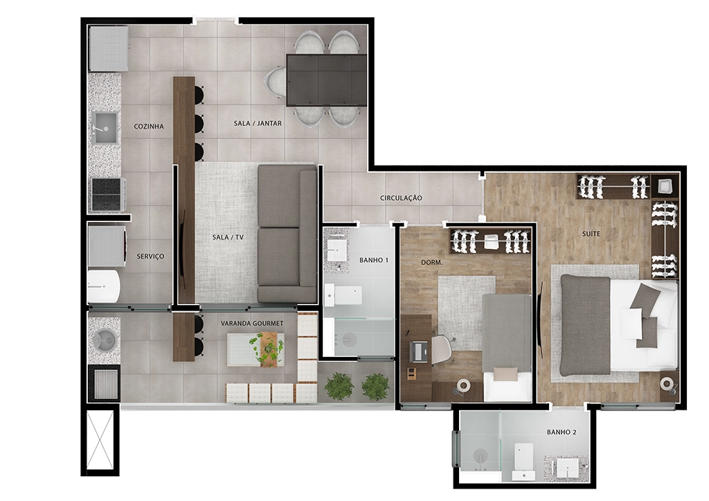 Planta Jairo Bianco: Cozinha, Serviço, Sala/TV, Sala Jantar, Banhos, Dormitório e Suíte