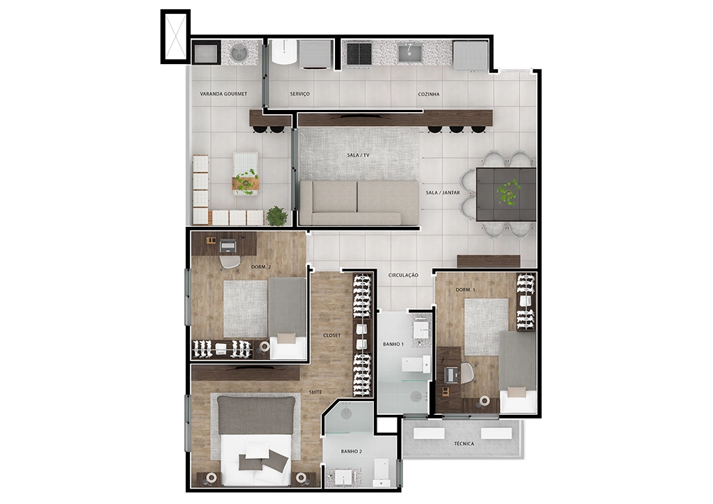 Planta Jairo Bianco: Cozinha, Serviço, Sala/TV, Sala Jantar, Banhos, Dormitórios, Suíte, Closet e Técnico