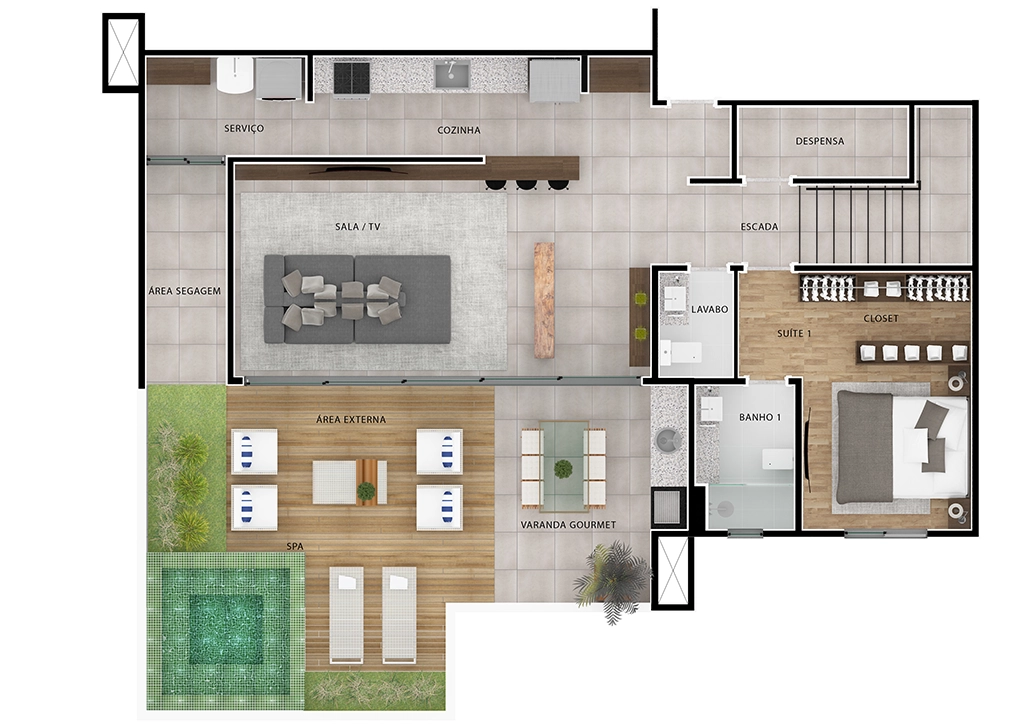 Planta Jairo Bianco: Serviço, Cozinha, Sala/TV, Área Segagem, Área Externa, SPA, Varanda Gourmet, Lavabo, Dispensa, Escada, Banheiro, Suíte e Closet