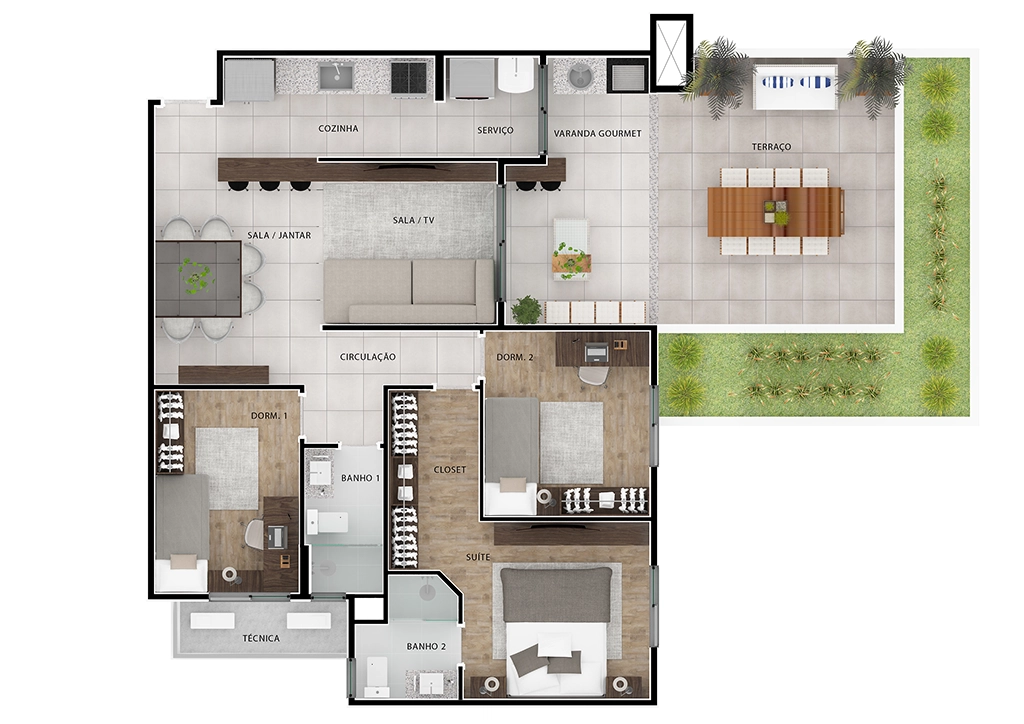 Planta Jairo Bianco: Cozinha, Serviço, Sala/TV, Sala Jantar, Banhos, Dormitórios, Suíte, Closet e Técnico