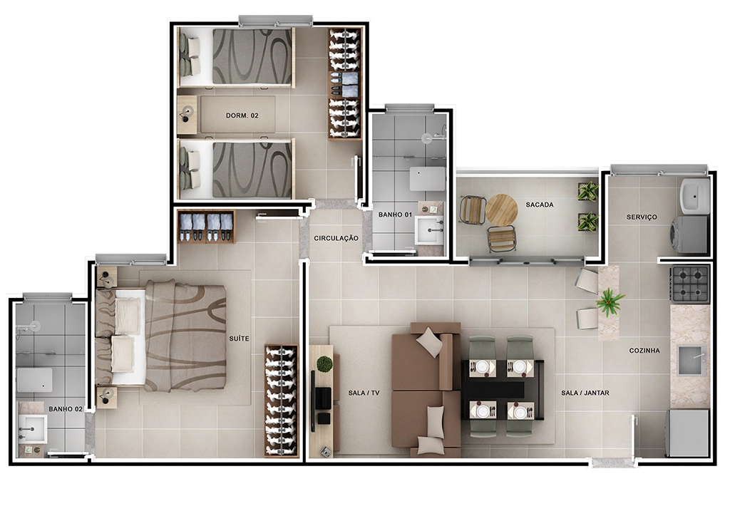 Planta Dr. João Carlos: Sala Jantar, Suíte, Closet, Dois Banheiro, Dormitório, Sala/TV, Sacada e Serviço