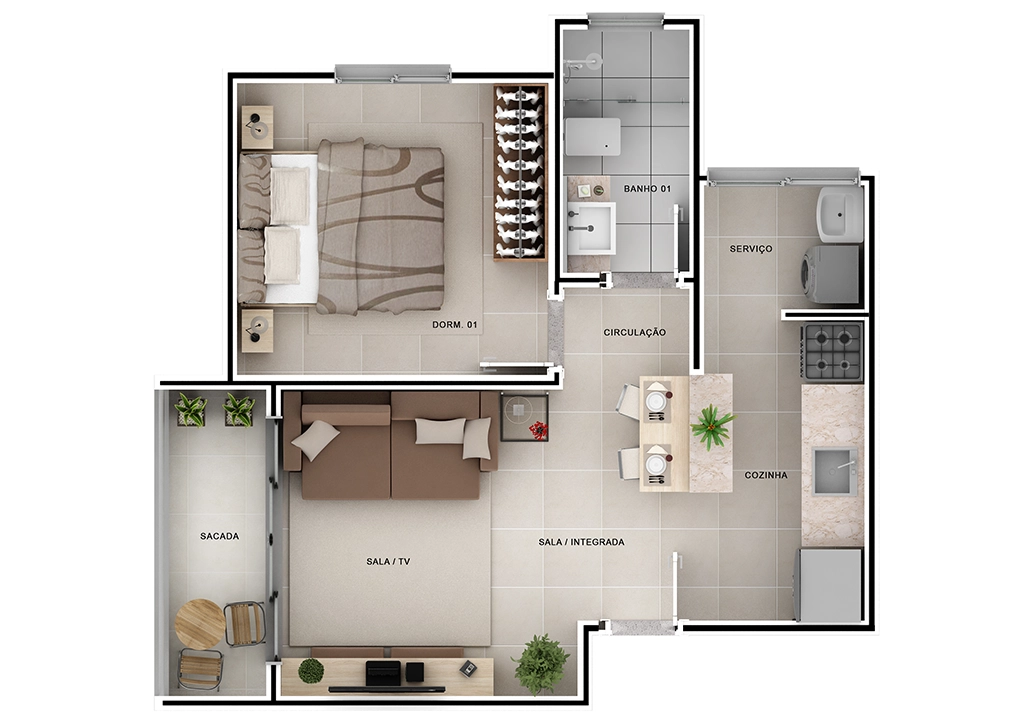 Planta Dr. João Carlos: Sacada, Sala/TV, Sala Integrada, Dormitório, Cozinha, Serviço, Banheiro