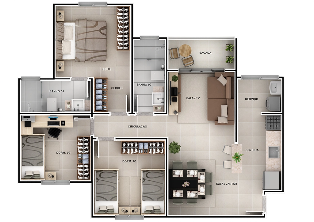Planta Dr. João Carlos: Sala Jantar, Suíte, Closet, Dois Banheiro, Dois Dormitórios, Sala/TV, Sacada e Serviço