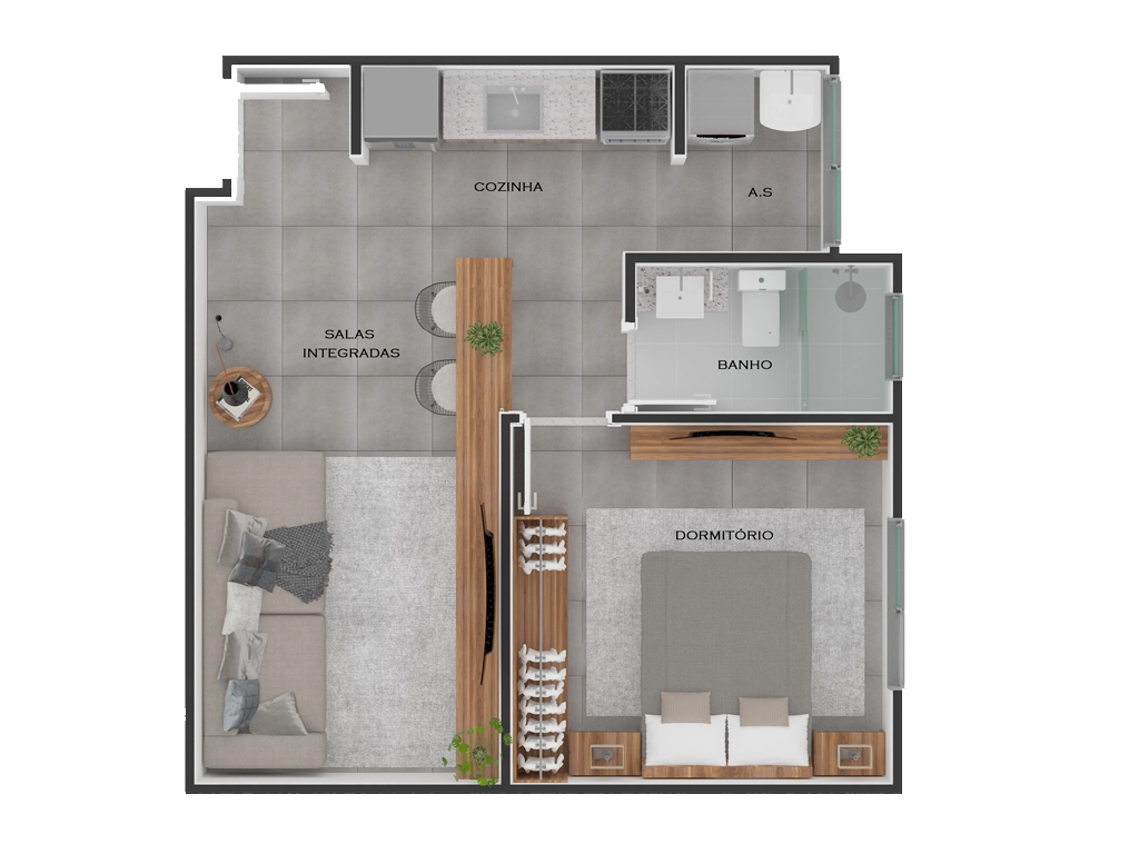 Planta Madre St. Bernard: Sala Integrada, Cozinha, Área de Serviço, Banho e Dormitório
