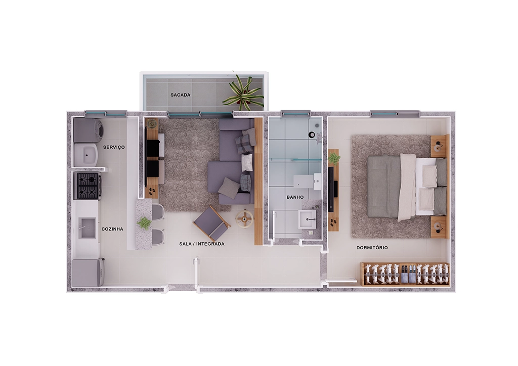 Planta Maria José: Banho, Dormitório, Sala Integrada, Serviço e Cozinha
