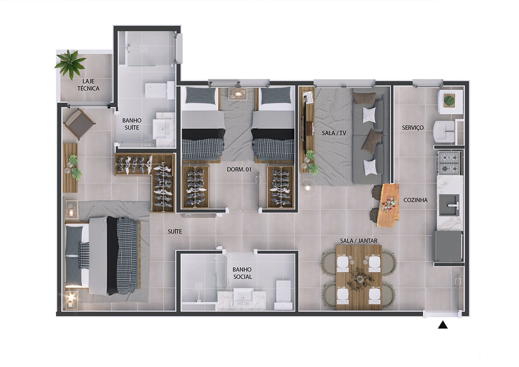 Planta Edifício Monet: Banho Social / Banho Suíte, Suíte, Dormitório, Sala/TV, Sala Jantar, Cozinha, Serviço e Laje Técnica