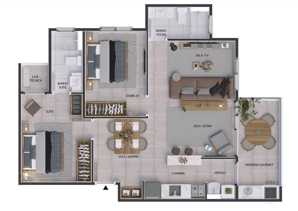 Planta Edifício Monet: Banho Social / Banho Suíte, Suíte, Dormitório, Sala/TV, Sala Jantar, Cozinha, Serviço e Laje Técnica